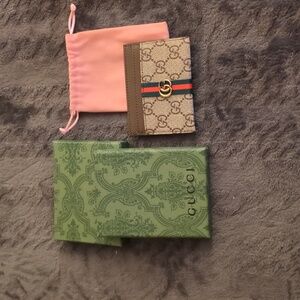 Gucci Beige and Brown GG Card Holder with Green and Red Stripe